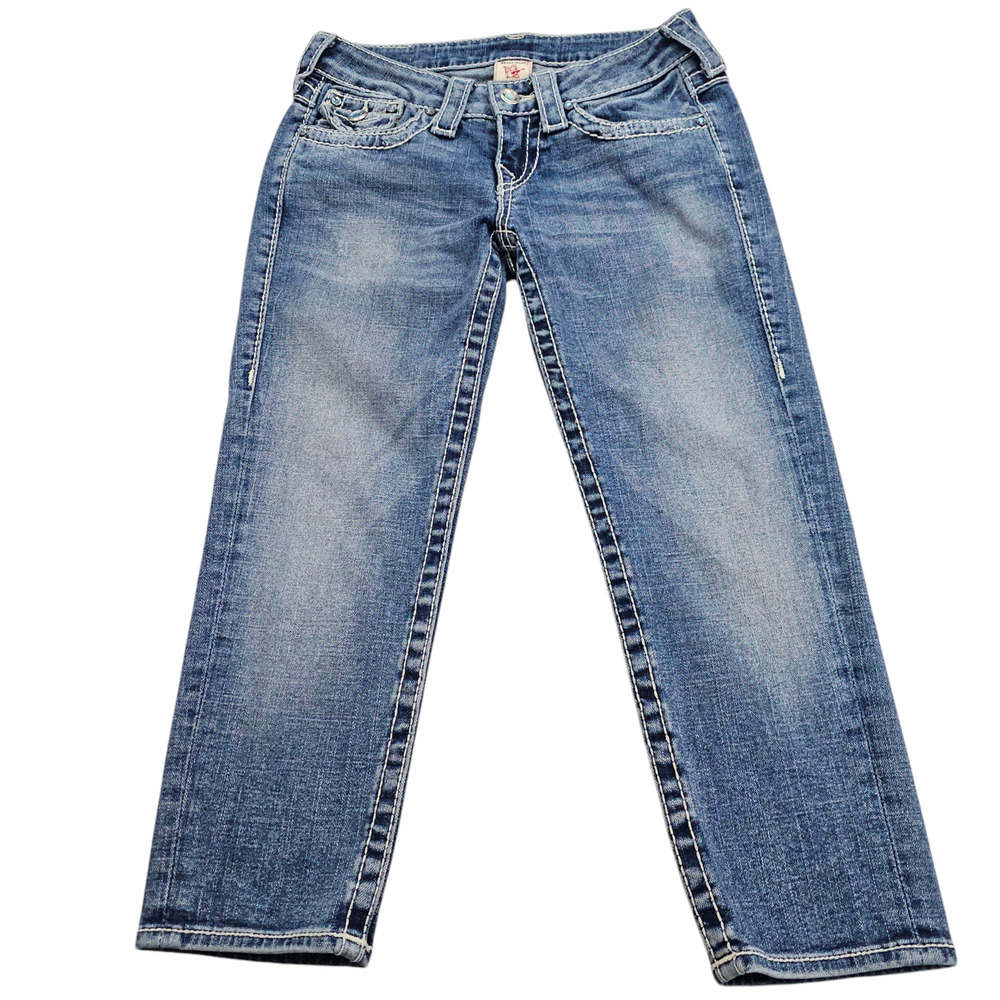 True Religion Capri Jeans Womens Size26 Disco Lily Big T Embellished Distressed - Picture 1 of 15
